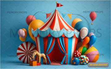 CIRCUS TENT WITH BALLOONS AND SWEET ON BLUE - PRINTED BACKDROPS