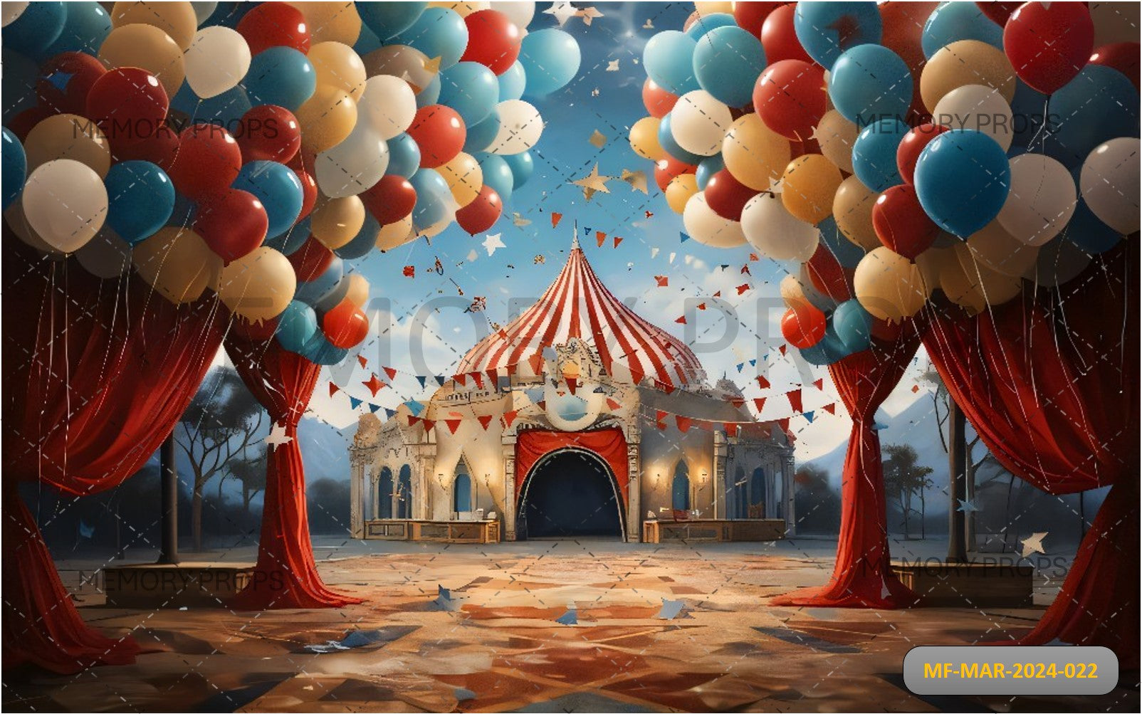 CIRCUS TENT ADORNED WITH BALLOONS AND CONFETTI - PRINTED BACKDROPS