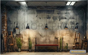 CONCRETE ROOM WITH MANY CEILING LAMPS PRINTED BACKDROP