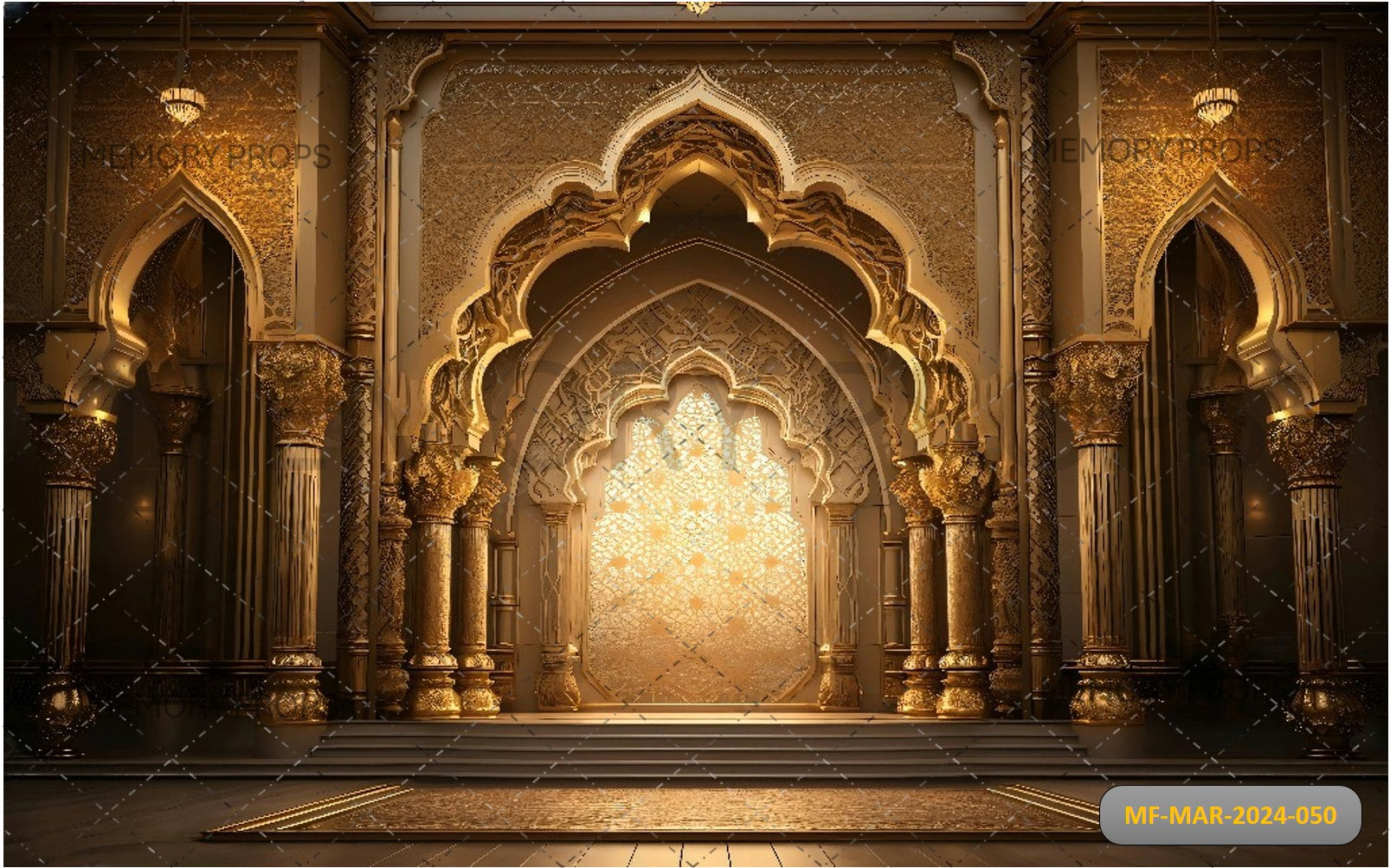 GOLDEN MOSQUE DOOR WITH ISLAMIC PATTERN PRINTED BACKDROP