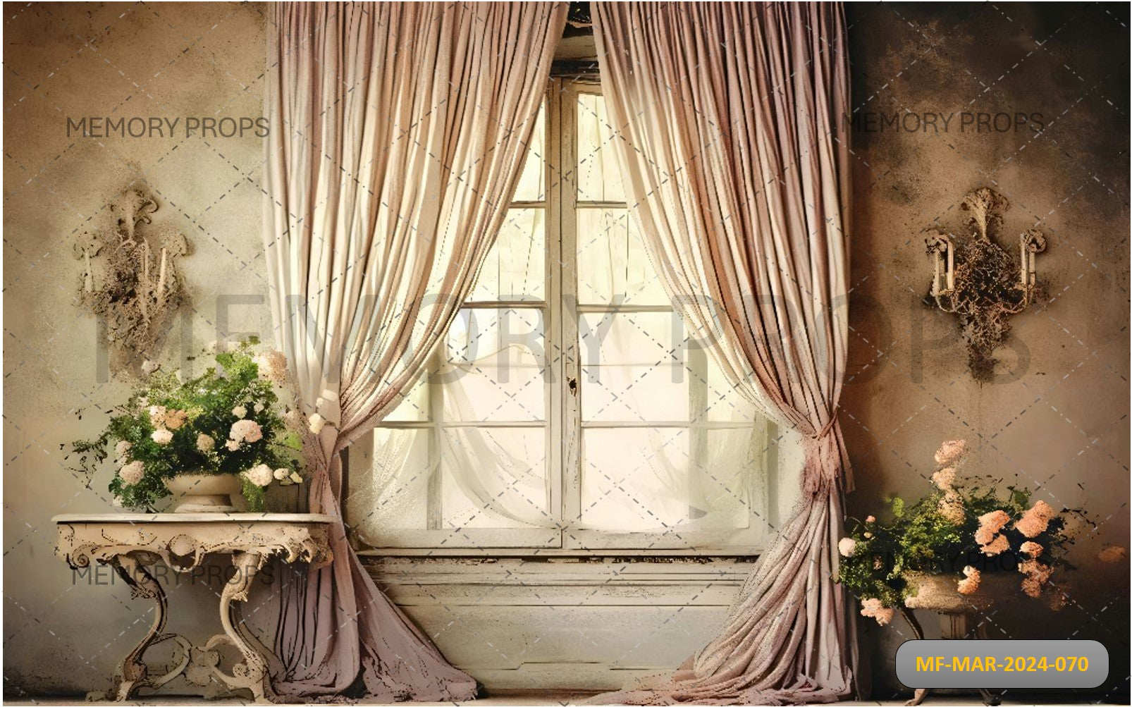 FLOWERS WITH  CURTAIN AND WINDOW PRINTED BACKDROP