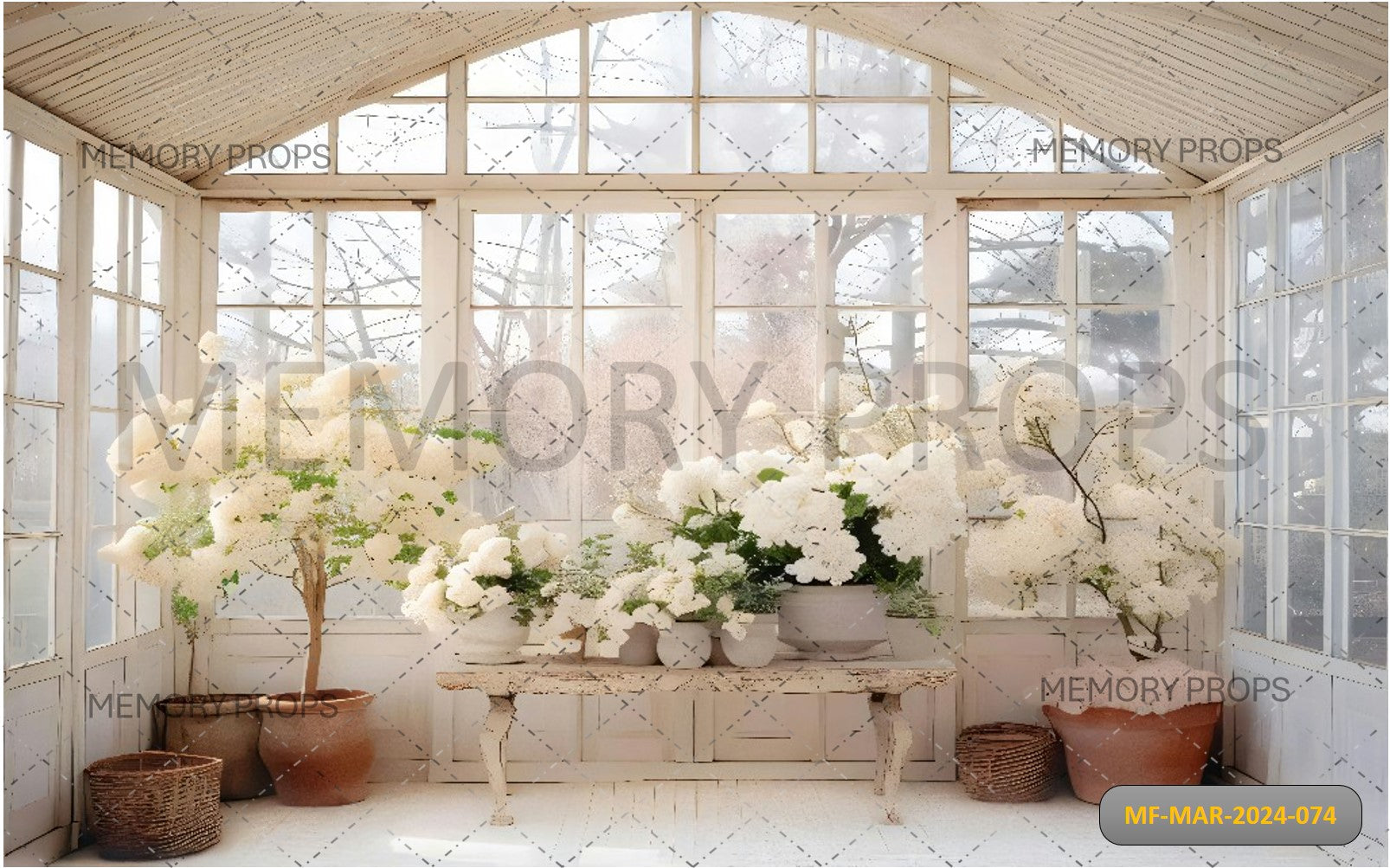 WHITE ROOM WITH WHITE FLOWERS TREE PRINTED BACKDROP