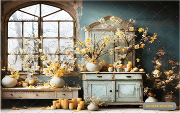 OLD ROOM WITH YELLOW WHITE FLOWERS PRINTED FLOWERS