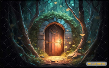 DOOR IN THE FOREST WITH SOFT AND ETHEREAL LIGHT PRINTED BACKDROP