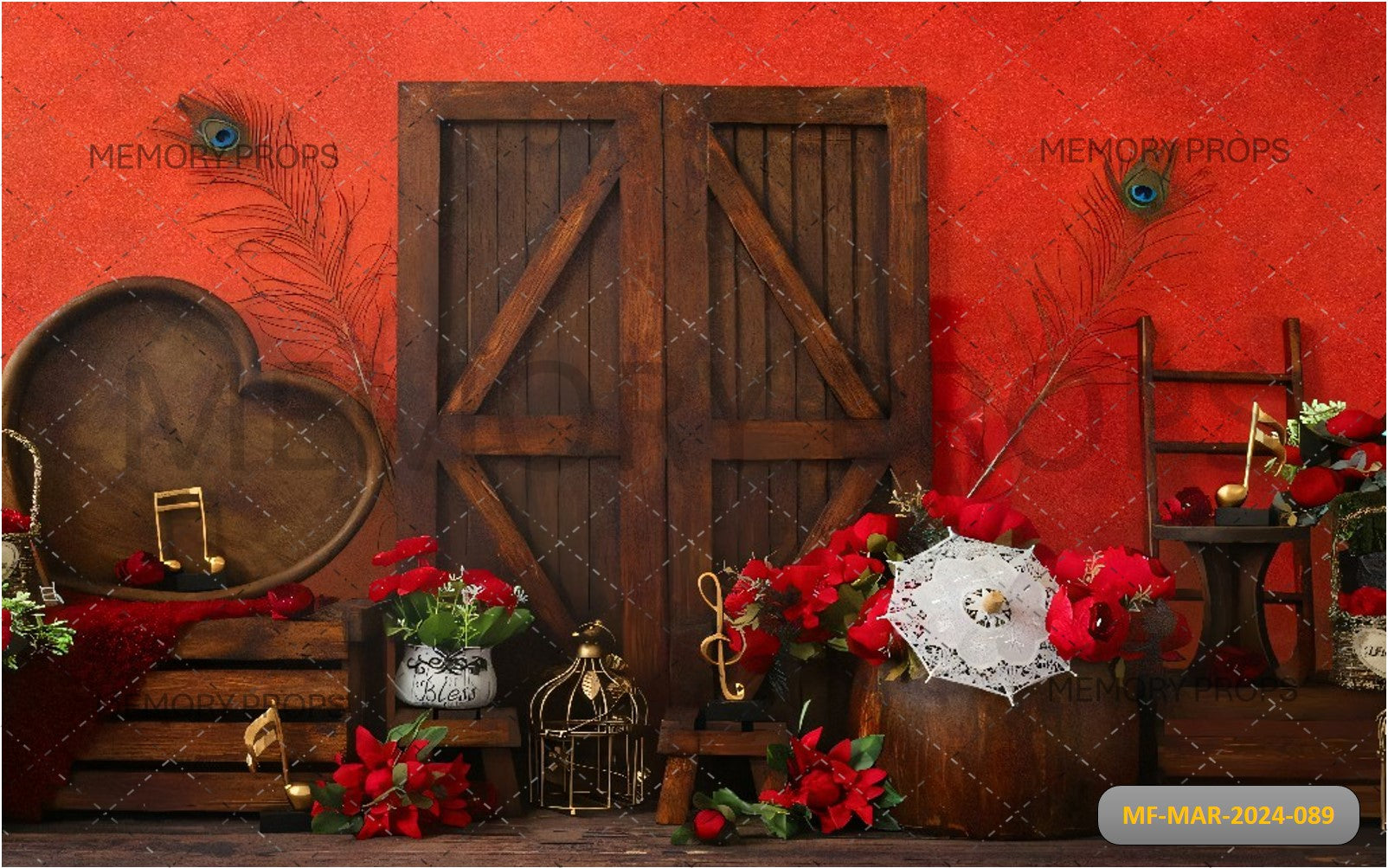 RED HEART BASKET WITH DOOR AND FLOWERS PRINTED BACKDROP