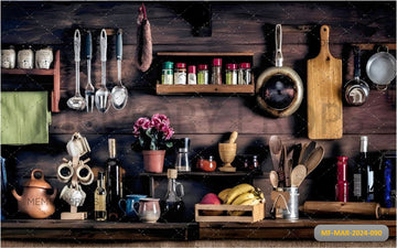 ROOM WITH SHELVES OF KITCHEN UTENSILS PRINTED BACKDROP