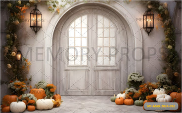 ARCHED AUTUMN DOOR WITH BOHO PUMPKIN PRINTED BACKDROP