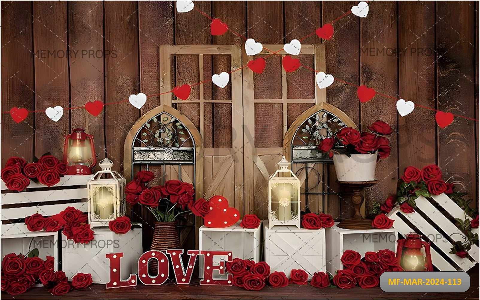 VALENTINES RED ROSE AND HEART WITH WINDOW PRINTED BACKDROP