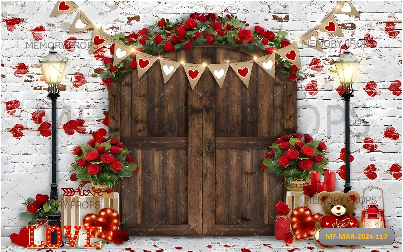 FLORAL WOOD DDOR WITH ROSE FLOWERS VALENTINES - PRINTED BACKDROPS