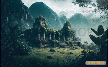 AN OLD RUINED TEMPLE IN A LUSH DENSE JUNGLE - PRINTED BACKDROPS