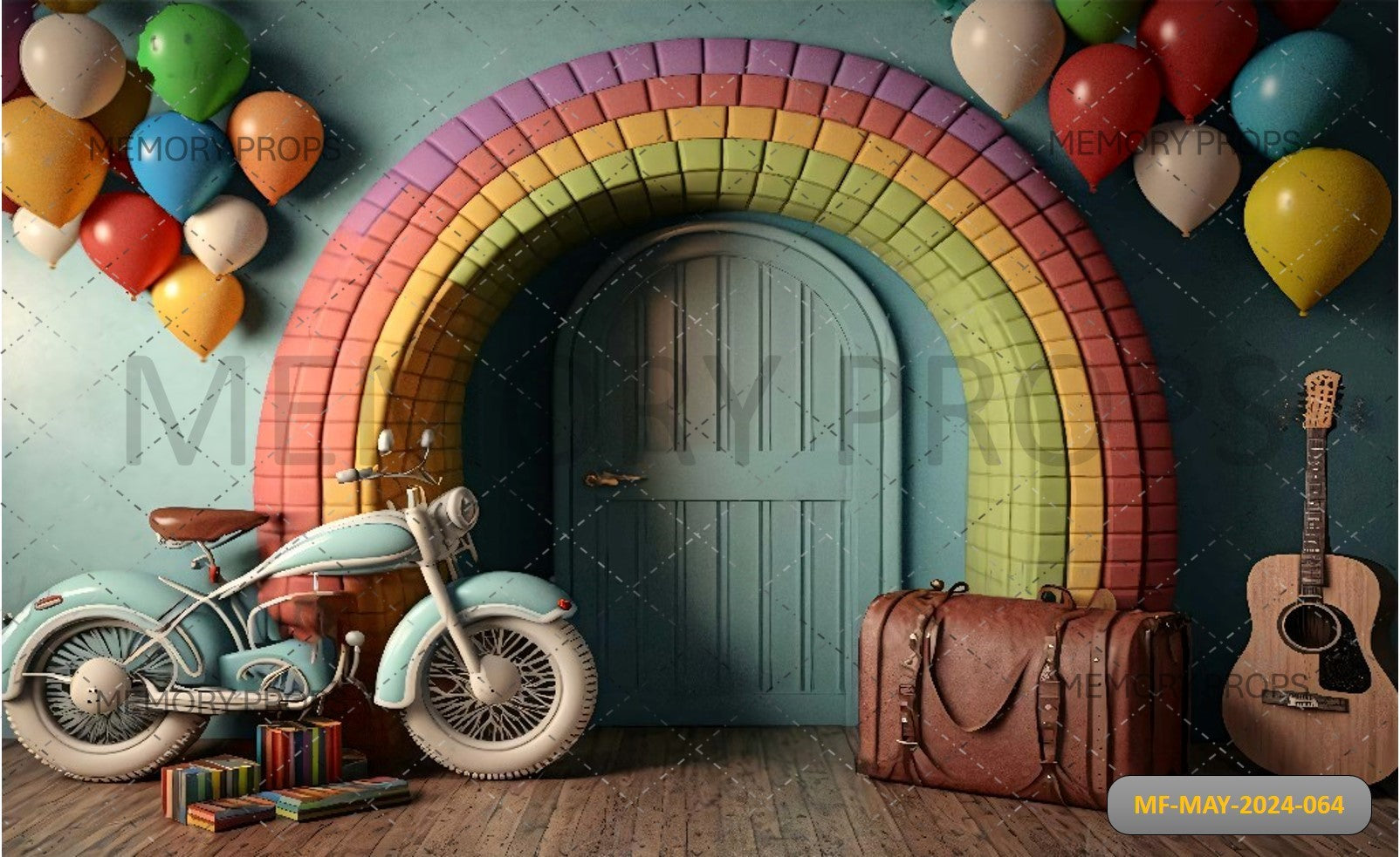 VINTAGE MOTORCYCLE WITH BALLOONS PRINTED BACKDROP