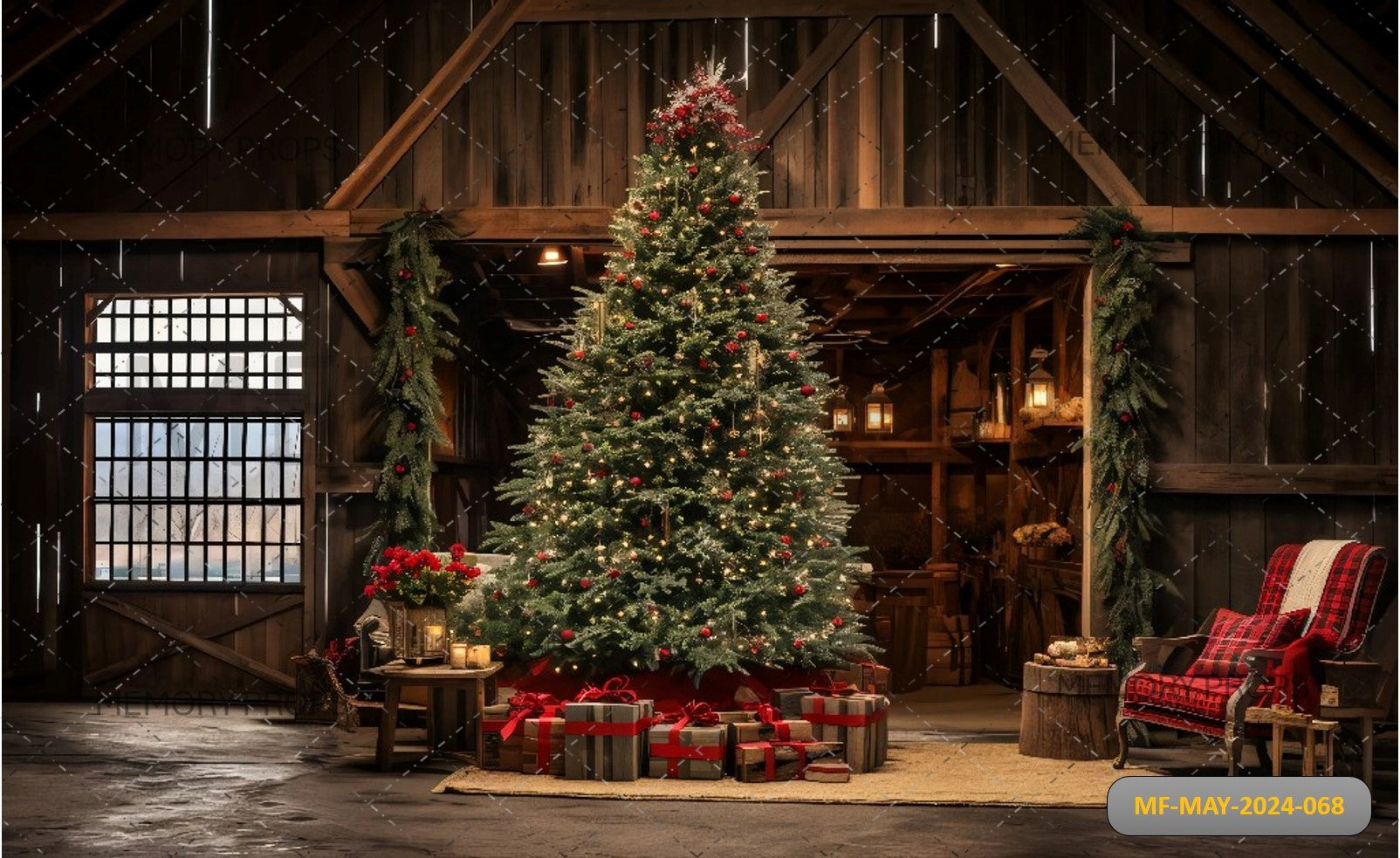 CHRISTMAS TREE IN FARM BARN - PRINTED BACKDROPS