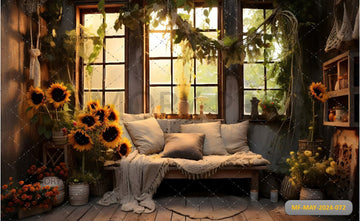 WARM AUTUMN SUNFLOWER COZY WINDOW PRINTED BACKDROP