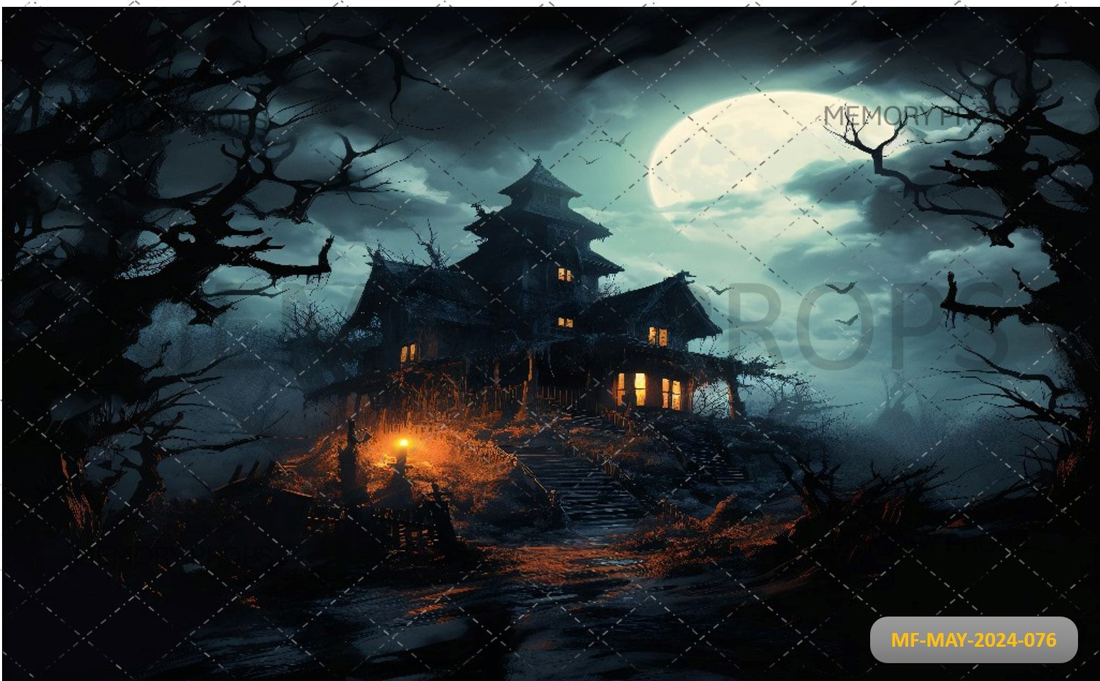 HALLOWEEN BACKGROUND WITH A FULL MOON AND A HOUSE PRINTED BACKDROP