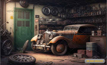 OLD GARAGE WITH CAR PARKED INSIDE TOOLS AND APARE PARTS PRINTED BACKDROP