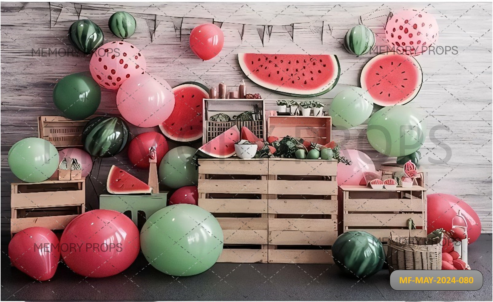 TABLE WITH BALLOONS AND WATERMELON DECORATIONS PRINTED BACKDROP