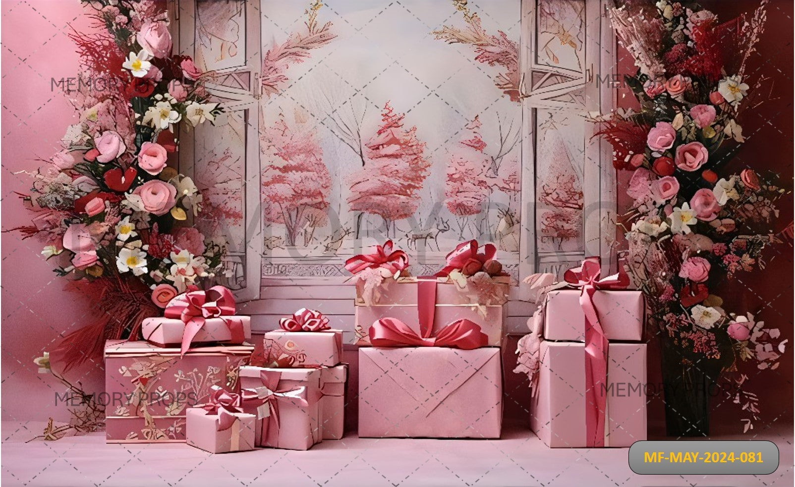 PINK ROOM GIFTS AND FLOWERS WITH WINDOW PRINTED BACKDROP