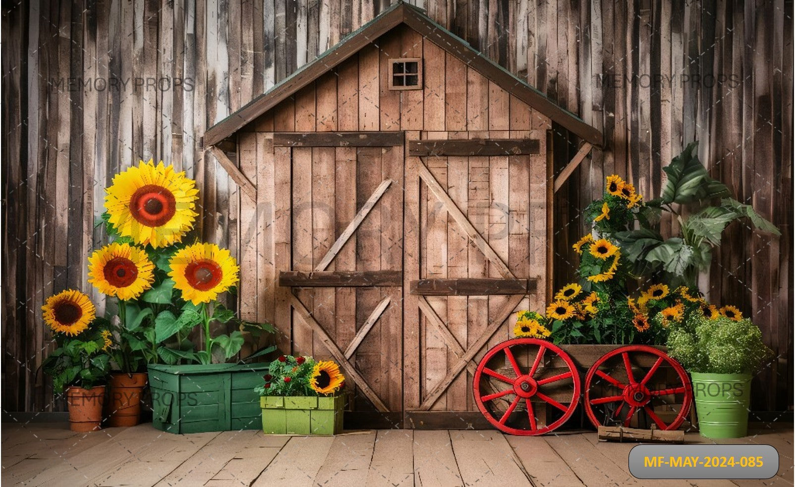 WOODEN BARN WITH SUNFLOWERS PRINTED BACKDROP