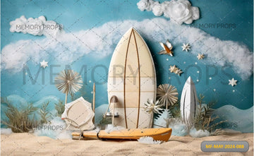 VIEW OF A BEACH WITH SHELLS AND FLOWERS ON THE SAND PRINTED BACKDROP