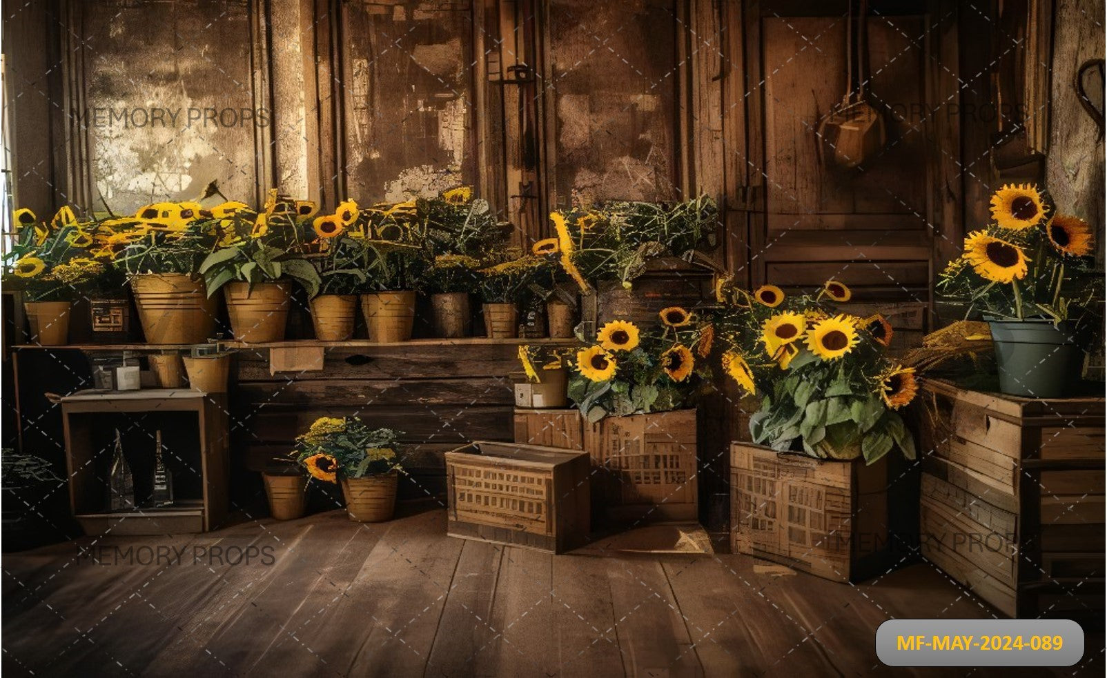 ROOM WITH A BUNCH OF SUNFLOWERS IN A BARN PRINTED BACKDROP