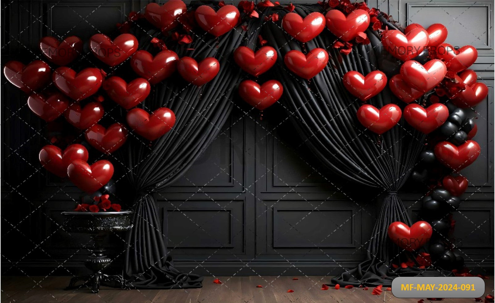 BLACK RETRO WALL BLACK CURTAIN RED AND BLACK HEART BALLOONS PRINTED BACKDROP