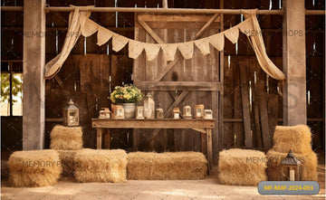 RUSTIC BARN WITH HAY BALES AND COUNTRY CHARM PRINTED BACKDROP