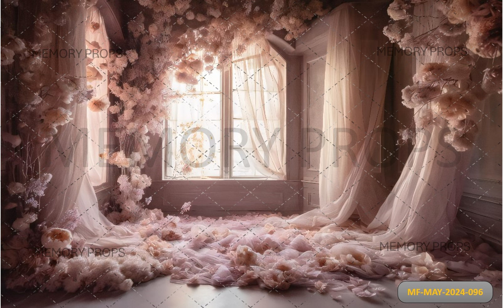 WINDOW WITH PINK CURTAIN AND FLOWERS