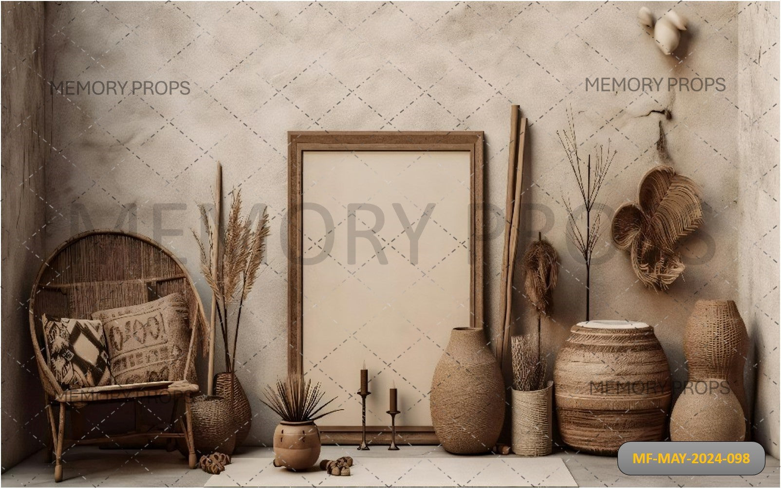 FRAME TABLE NEXT TO A VASE WITH A CANDLE PRINTED BACKDROP