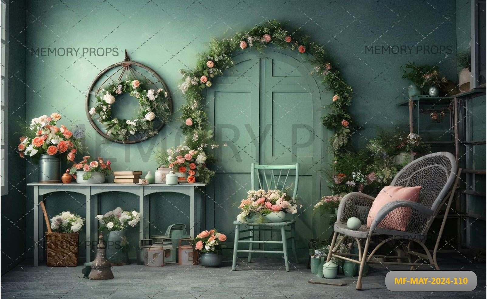 ROOM WITH A GREEN DOOR AND FLOWERS PRINTED BACKDROP