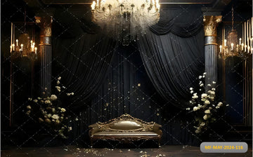 ELEGANT BLACK VELVET CURTAINS WITH GOLD ACCENTS PRINTED BACKDROP