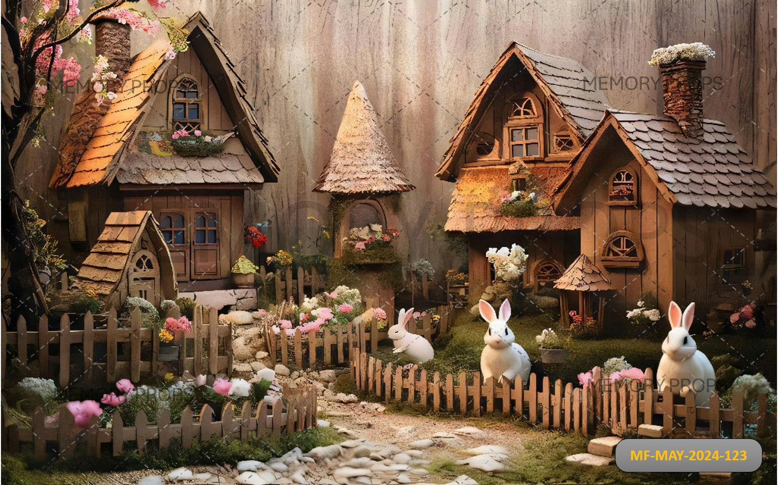 RABBIT HOUSE AND FLOWERS GARDEN PRINTED BACKDROP