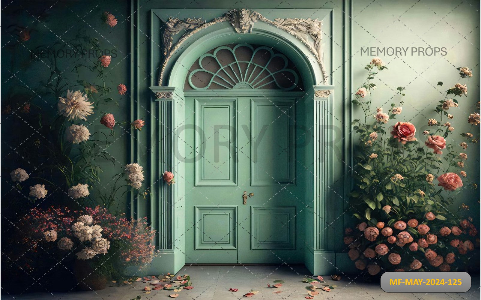 FLOWERS AND GREEN DOOR PRINTED BACKDROP