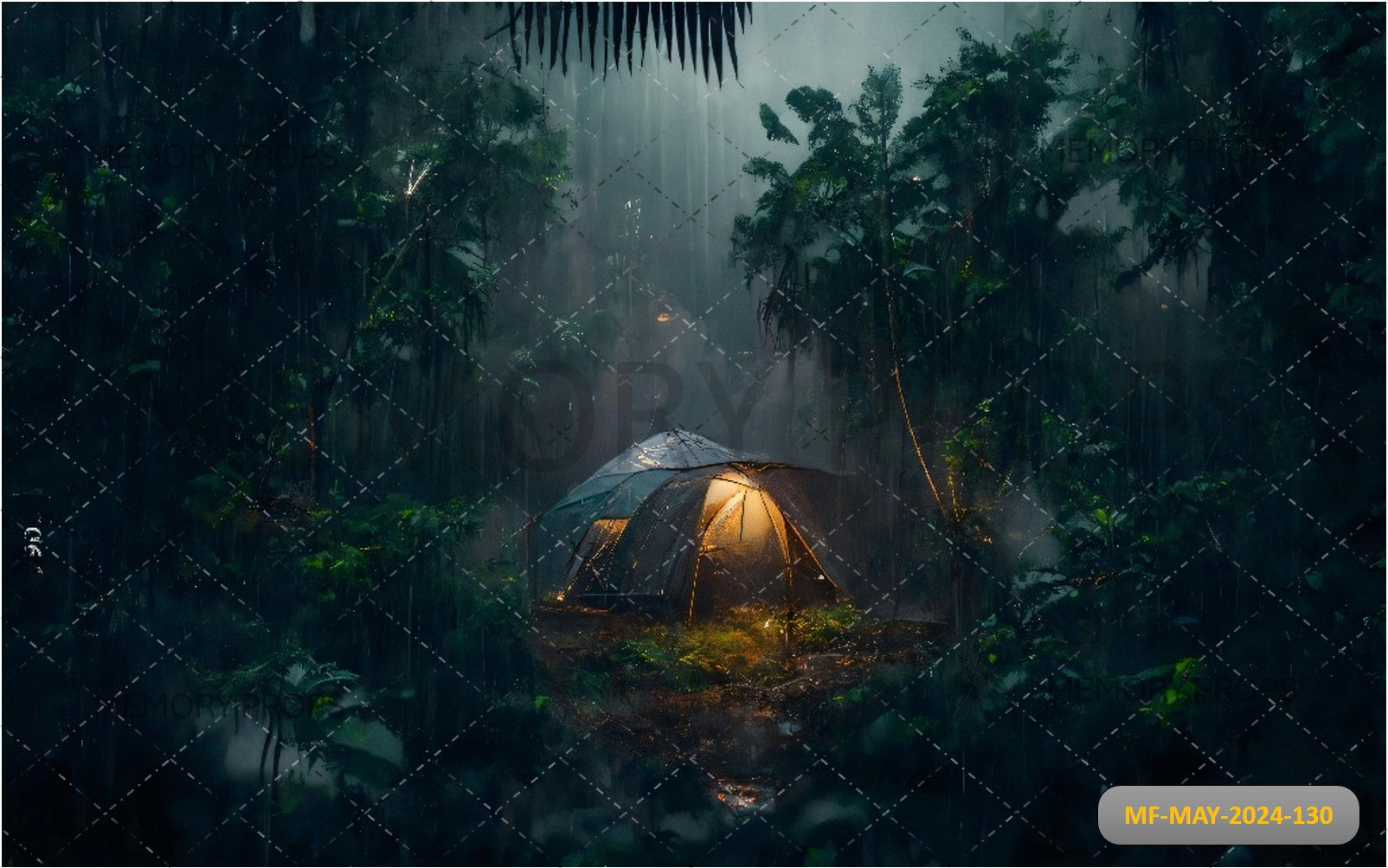 RAIN ON THE TENT IN THE FOREST PRINTED BACKDROP