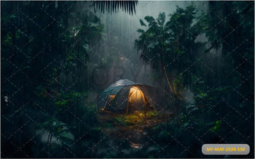 RAIN ON THE TENT IN THE FOREST PRINTED BACKDROP