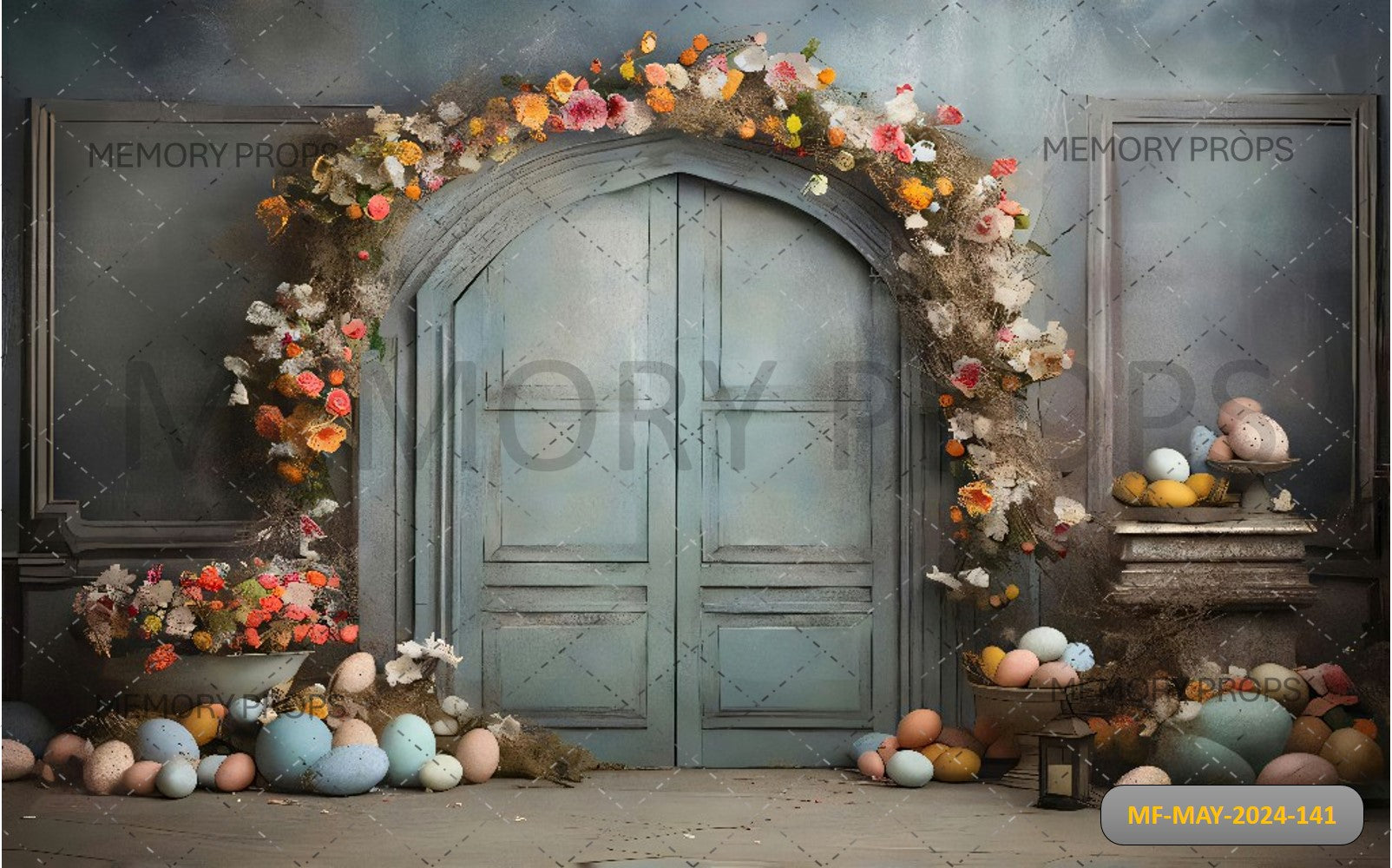 WOODEN DOOR WITH FLOWERS AND EGGS PRINTED BACKDROP