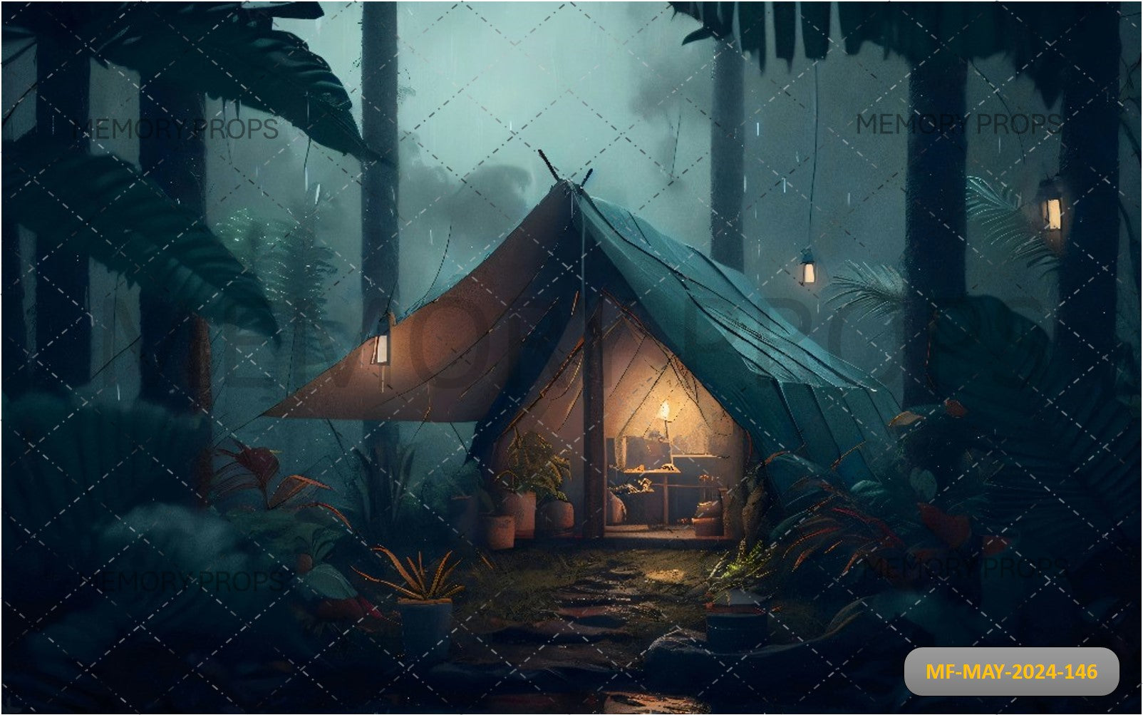 CAMPING TENT WITH RAIN NIGHT PRINTED BACKDROP