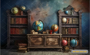 ROOM WITH BOOKS AND A SHELF WITH GLODES PRINTED BACKDROP