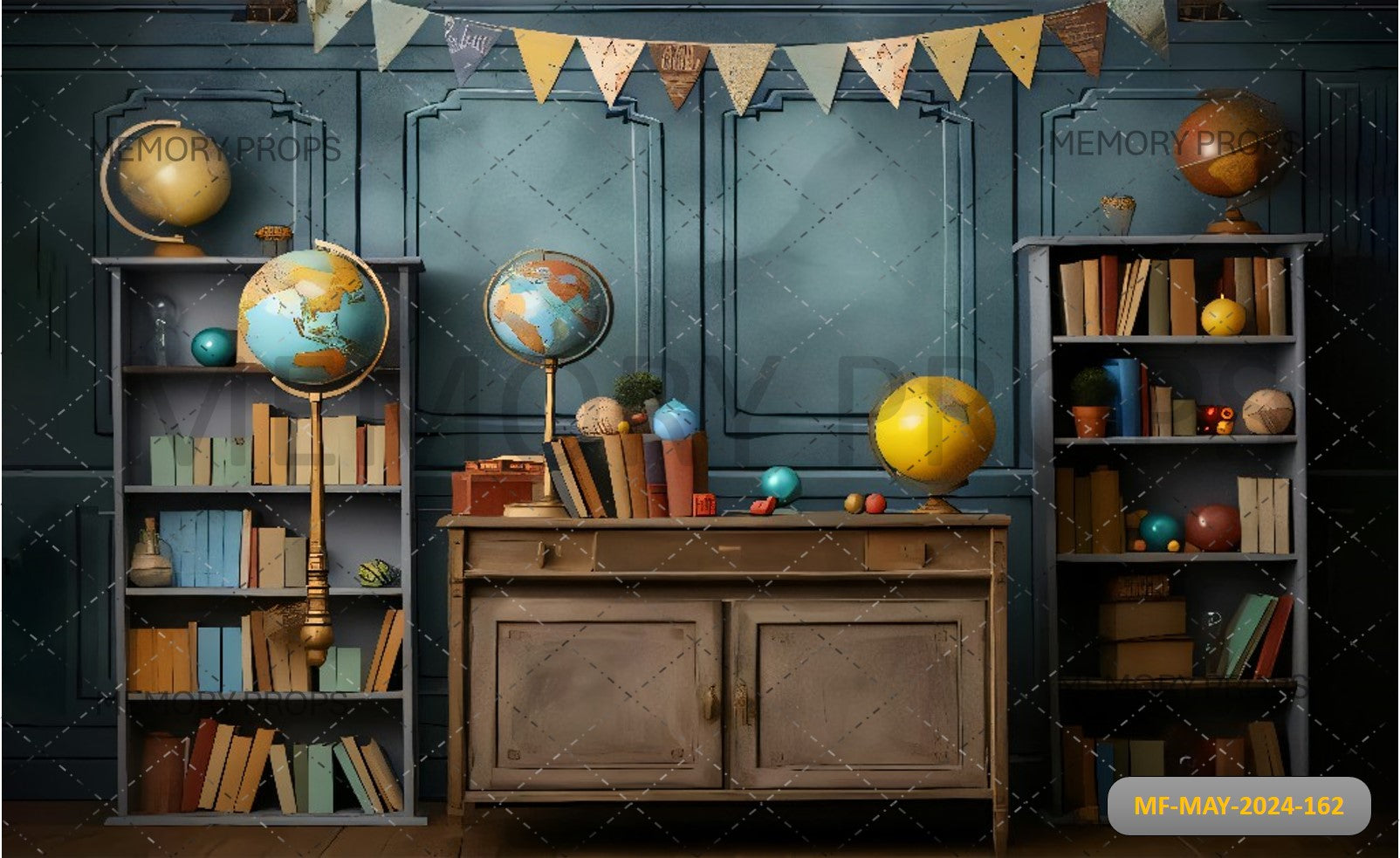 ROOM WITH BOOKS AND A SHELF WITH GLOBES PRINTED BACKDROP