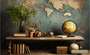 BOOK SHELF WITH A WORLD MAP PRINTED BACKDROP