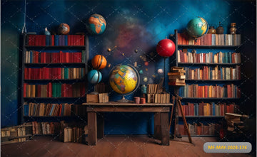 VINTAGE BOOKSHELF GLOBE BACKGROUND PRINTED BACKDROP