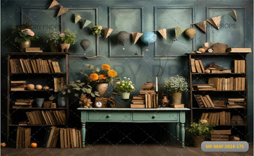 RUSTIC SCHOOL LIBRARY PRINTED BACKDROP