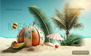 BEACH BALL ON SAND WITH PALM TREES - PRINTED BACKDROP