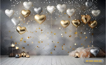 GOLDEN WHITE SILVER HEART AIR BALLOONS - PRINTED BACKDROPS