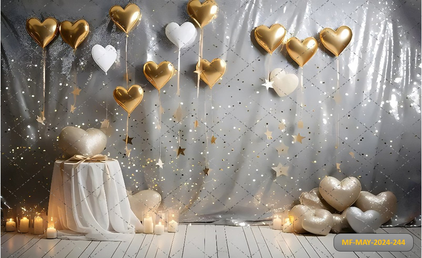 GOLDEN AND SILVER HEARD BALLOONS AND CANDLES - PRINTED BACKDROPS