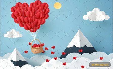 BASKET WITH A HEART BALLOONS IN THE BLUE SKY CLOUDS - PRINTED BACKDROPS