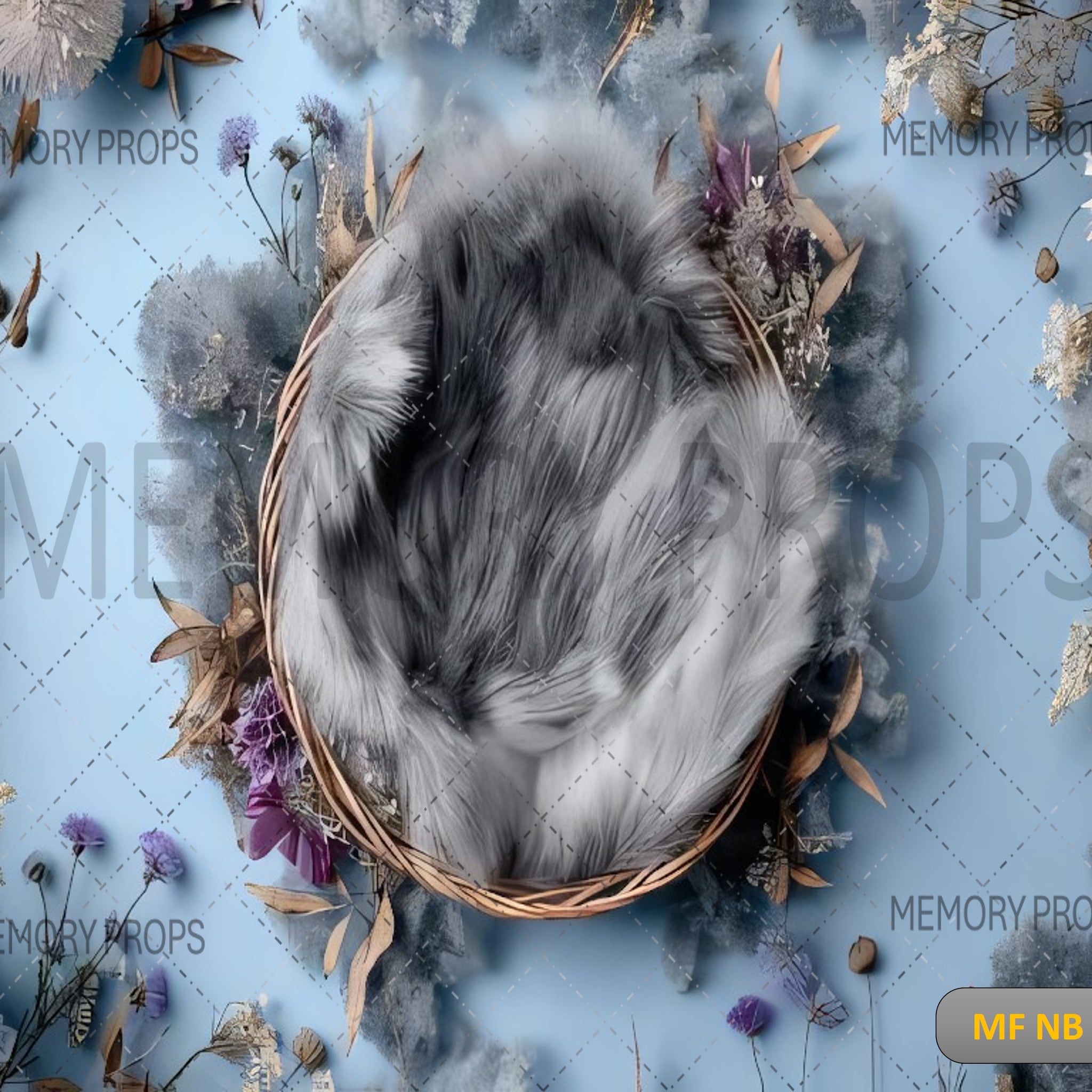 FURRY GREY NEST WITH PURPLE FLOWERS - PRINTED BACKDROP