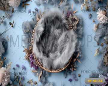 FURRY GREY NEST WITH PURPLE FLOWERS - PRINTED BACKDROP