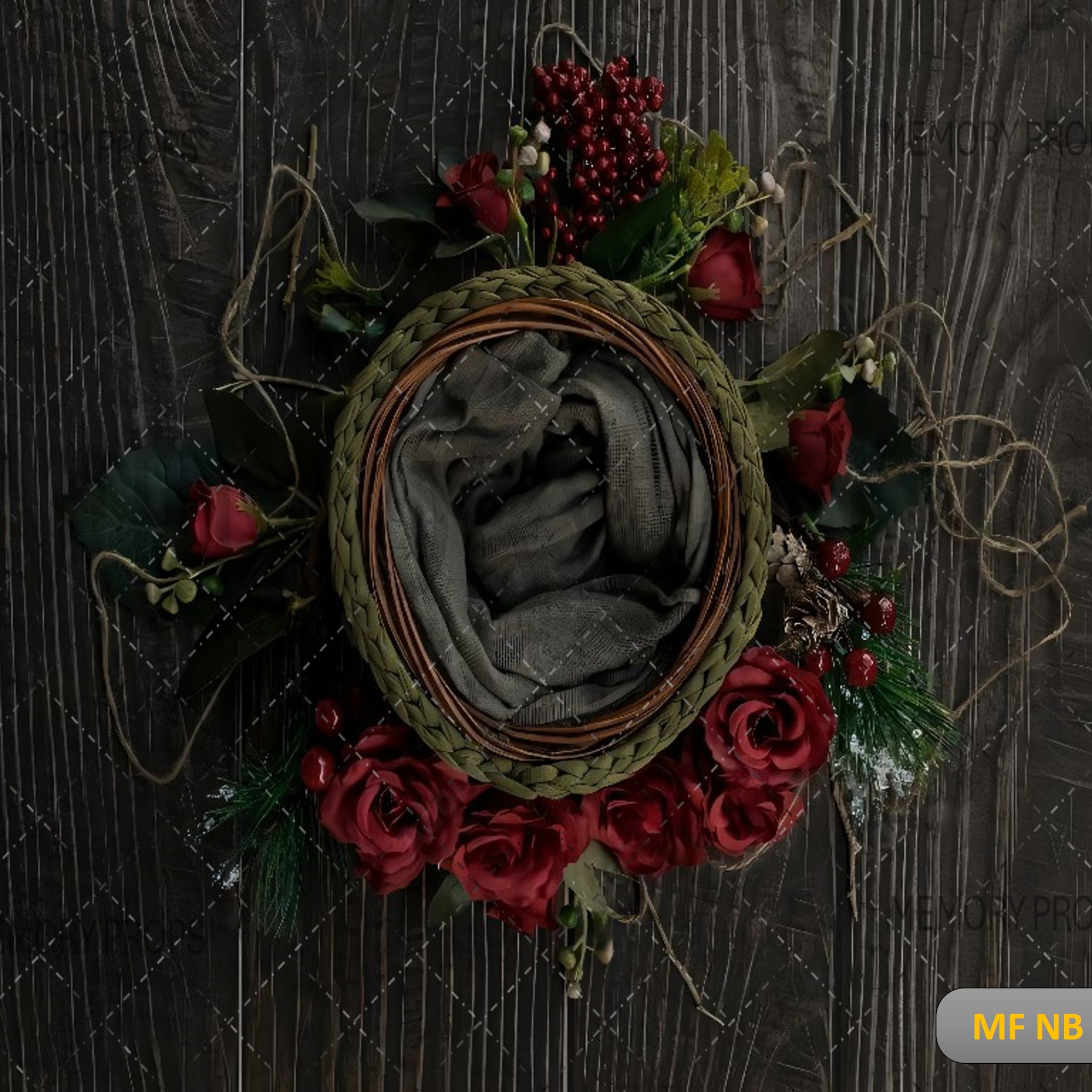 MOODY FLORAL WREATH WITH DARK ROSES - PRINTED BACKDROP