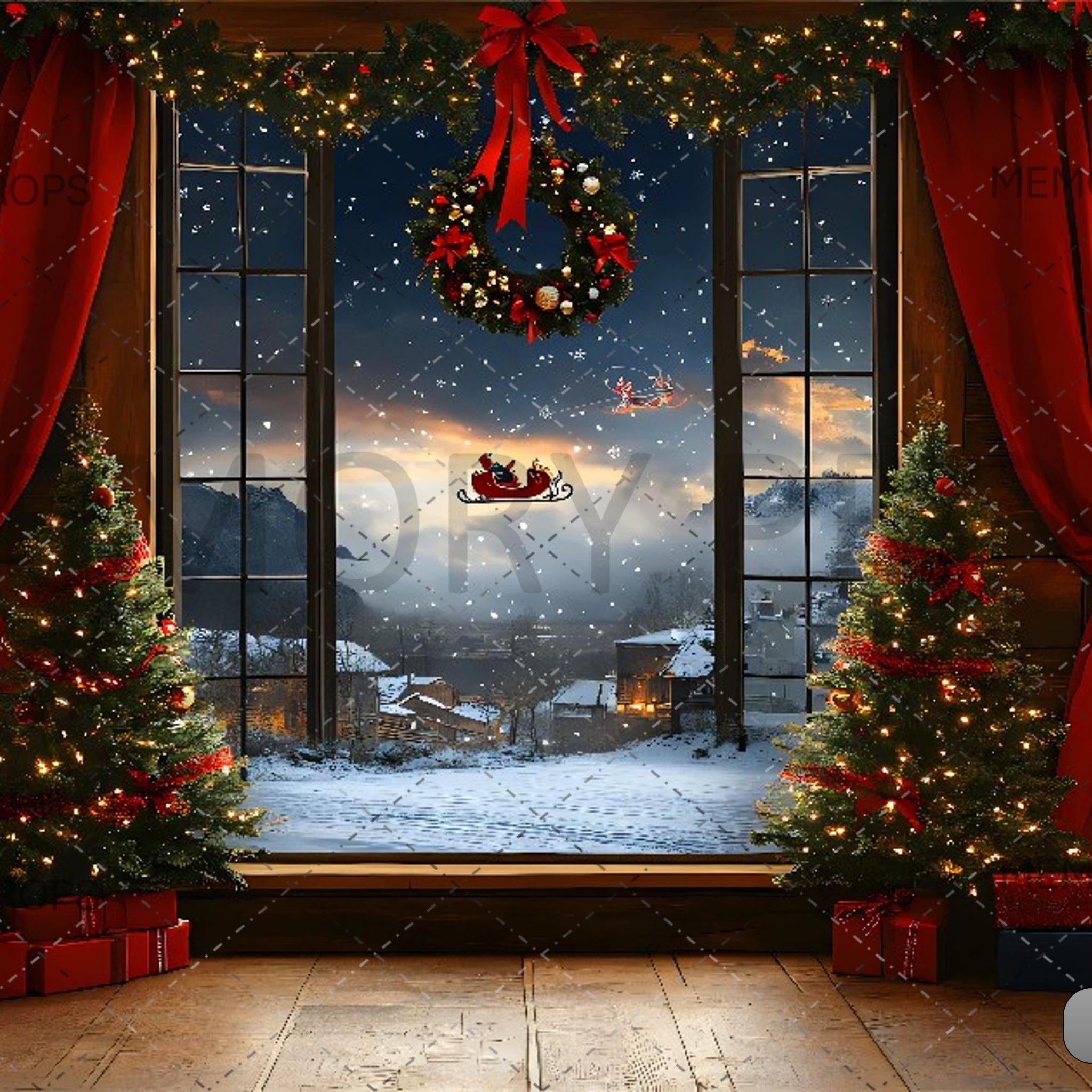 CHRISTMAS WINDOW SANTA CLAUS SLED - PRINTED BACKDROPS