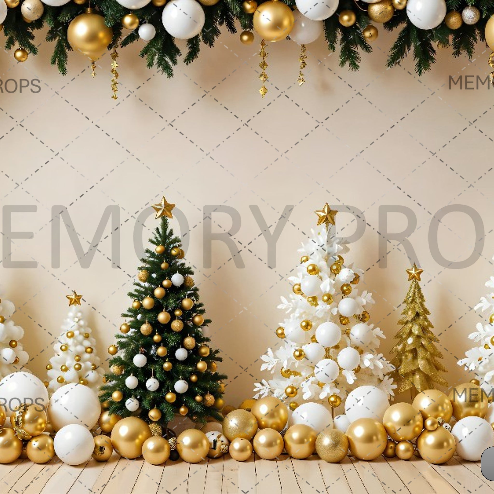 CHRISTMAS WITH WHITE AND GOLDEN BALLOONS DECOR - PRINTED BACKDROPS